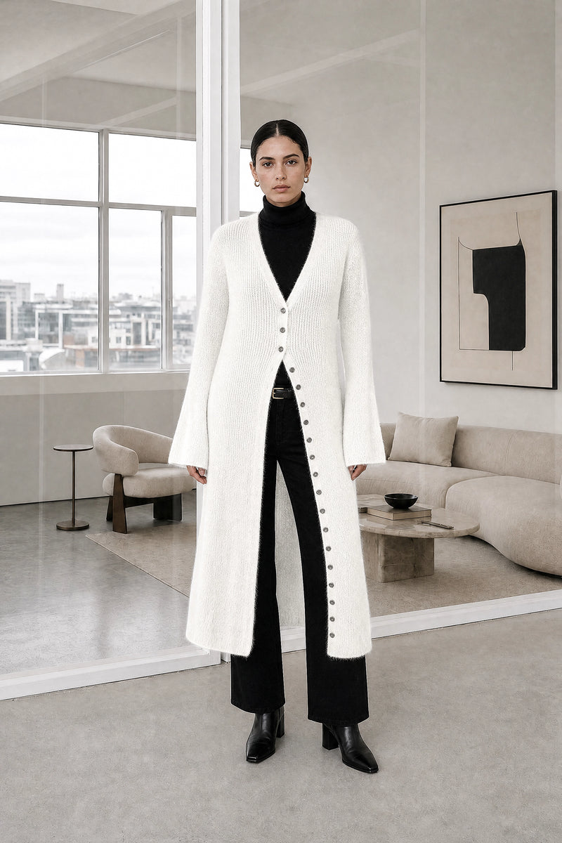 Nadia | V-Neck Sweater Dress in White, studio front view
