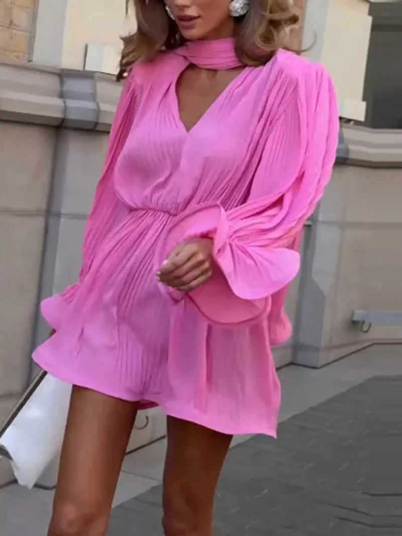 Pleated Long Sleeve Mini Dress for Women with Ruffle Cuffs and Neck Tie in Pink, close-up