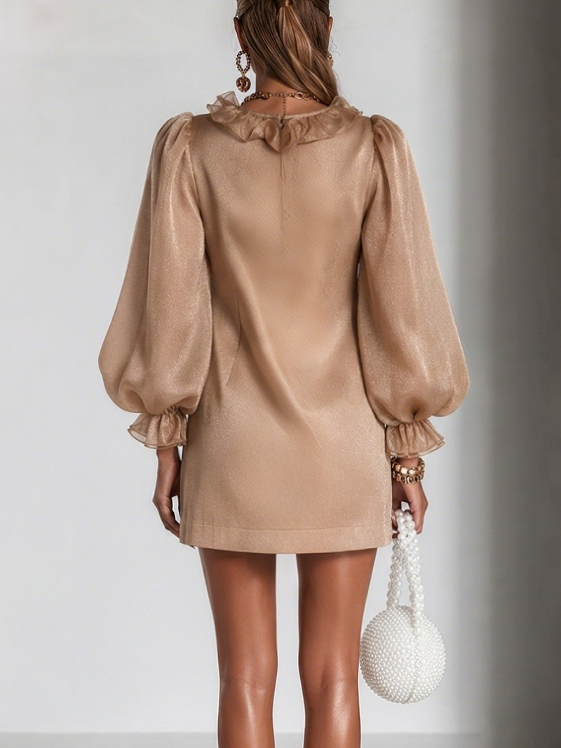 Satin Ruffle Tunic Dress for Women with Puff Sleeves and V-Neck in Beige, back view