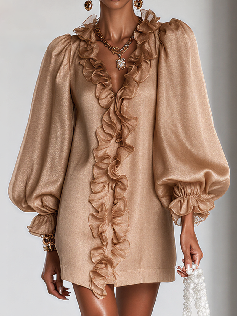 Satin Ruffle Tunic Dress for Women with Puff Sleeves and V-Neck in Beige, close-up
