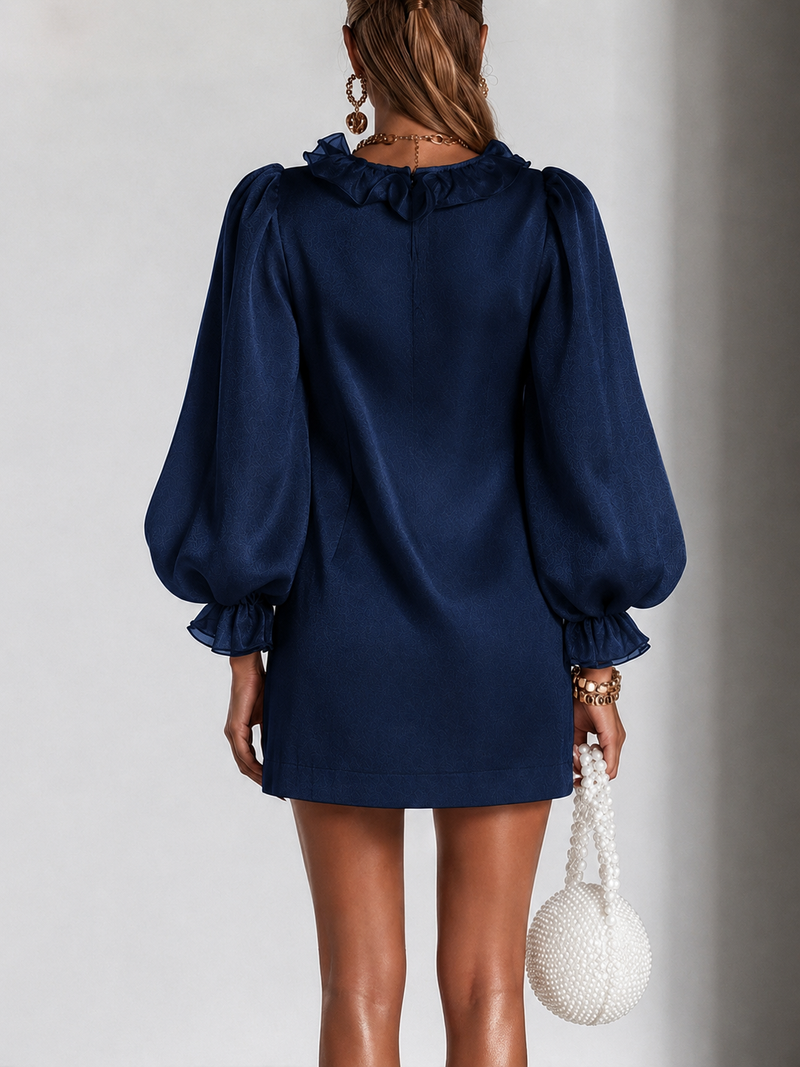 Satin Ruffle Tunic Dress for Women with Puff Sleeves and V-Neck in Navy Blue, back view