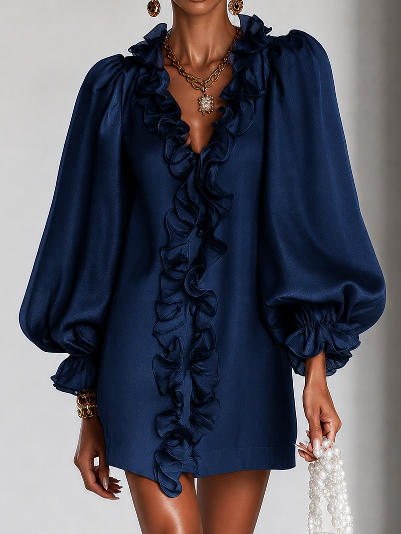 Satin Ruffle Tunic Dress for Women with Puff Sleeves and V-Neck in Navy Blue, close-up