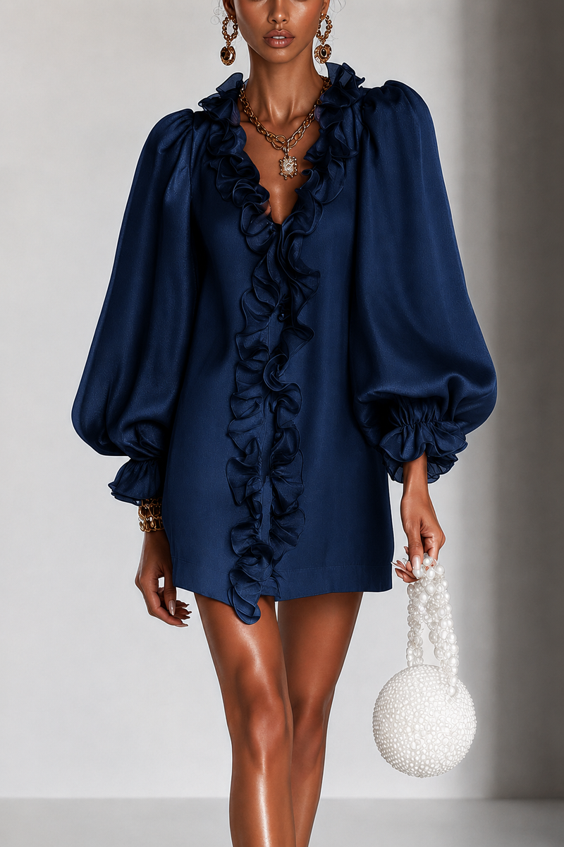 Satin Ruffle Tunic Dress for Women with Puff Sleeves and V-Neck in Navy Blue, front view