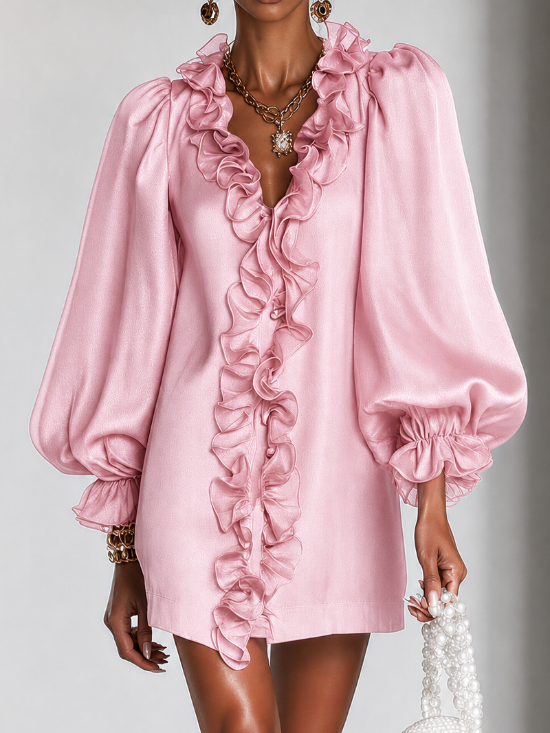 Satin Ruffle Tunic Dress for Women with Puff Sleeves and V-Neck in Pink, close-up
