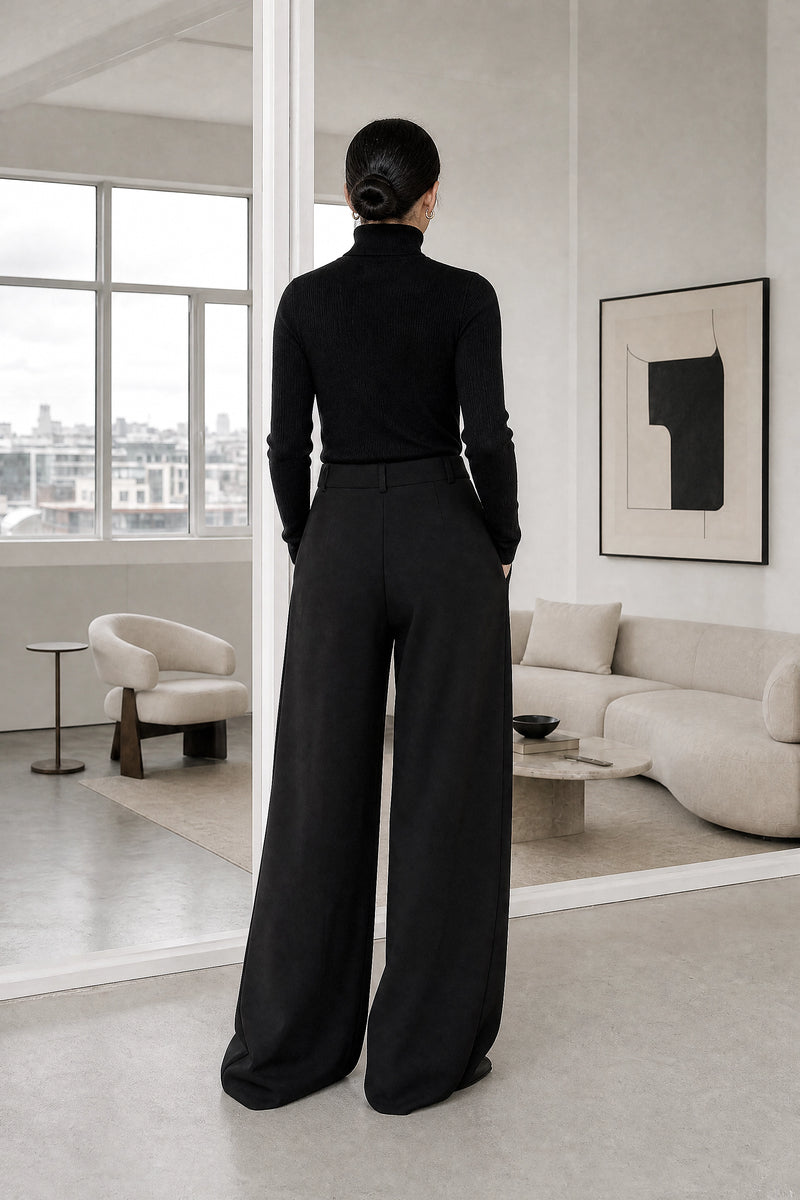 Naomi | Layered Wide-Leg Pants in Black, studio back view