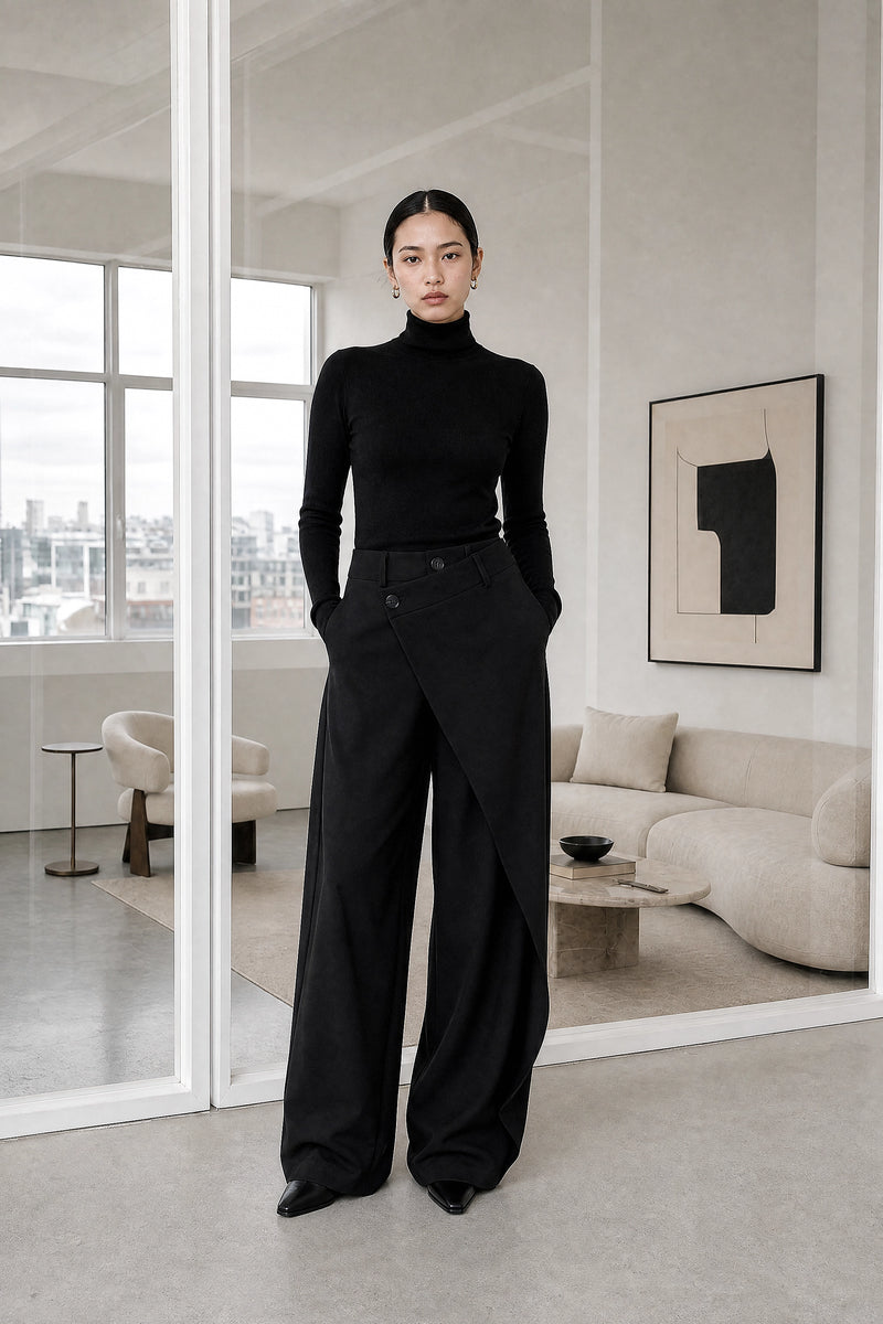 Naomi | Layered Wide-Leg Pants in Black, studio front view
