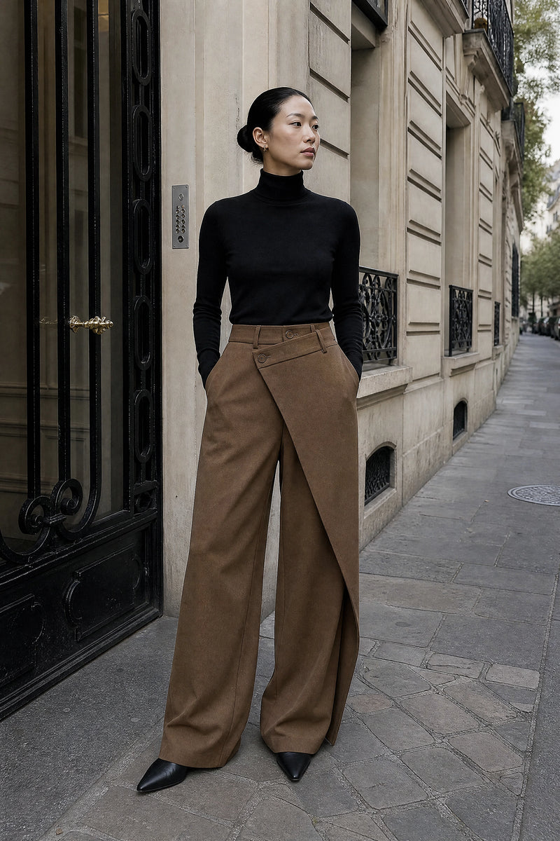 SOFAINE-V7-LIFE-Naomi | Layered Wide-Leg Pants in Brown, street-style view