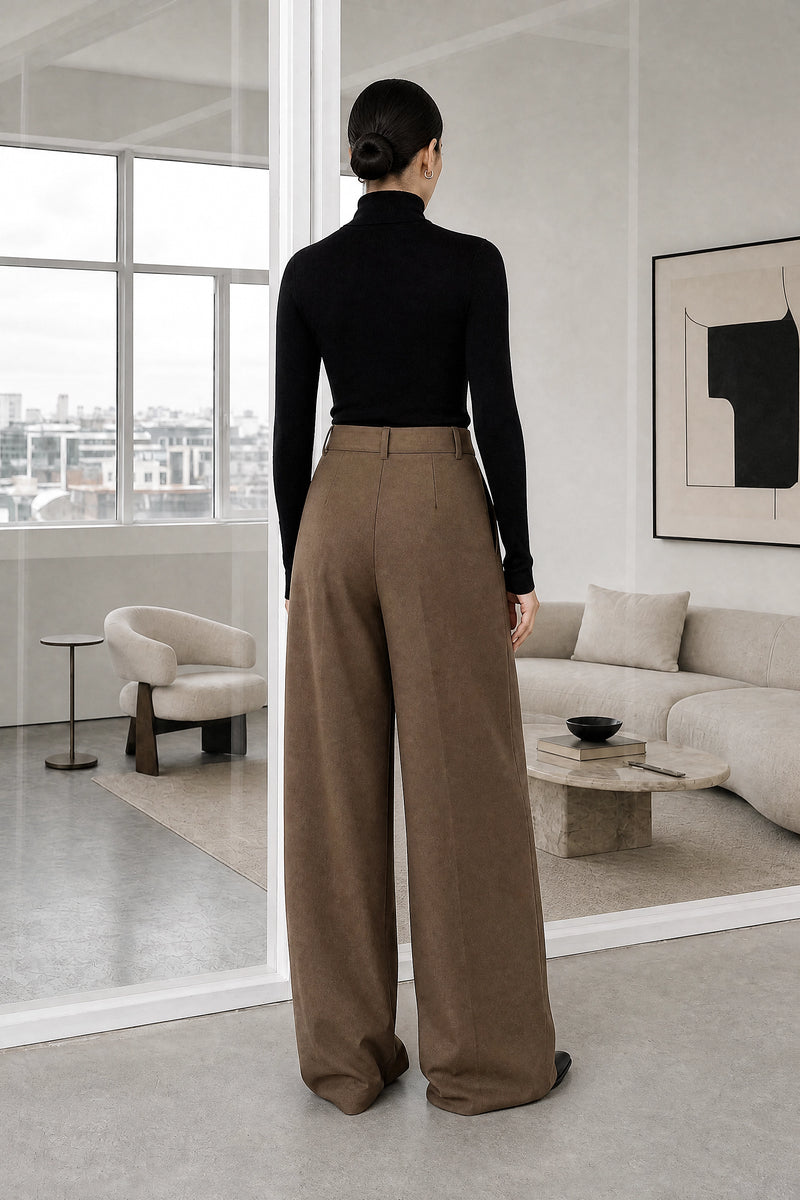 Naomi | Layered Wide-Leg Pants in Brown, studio back view