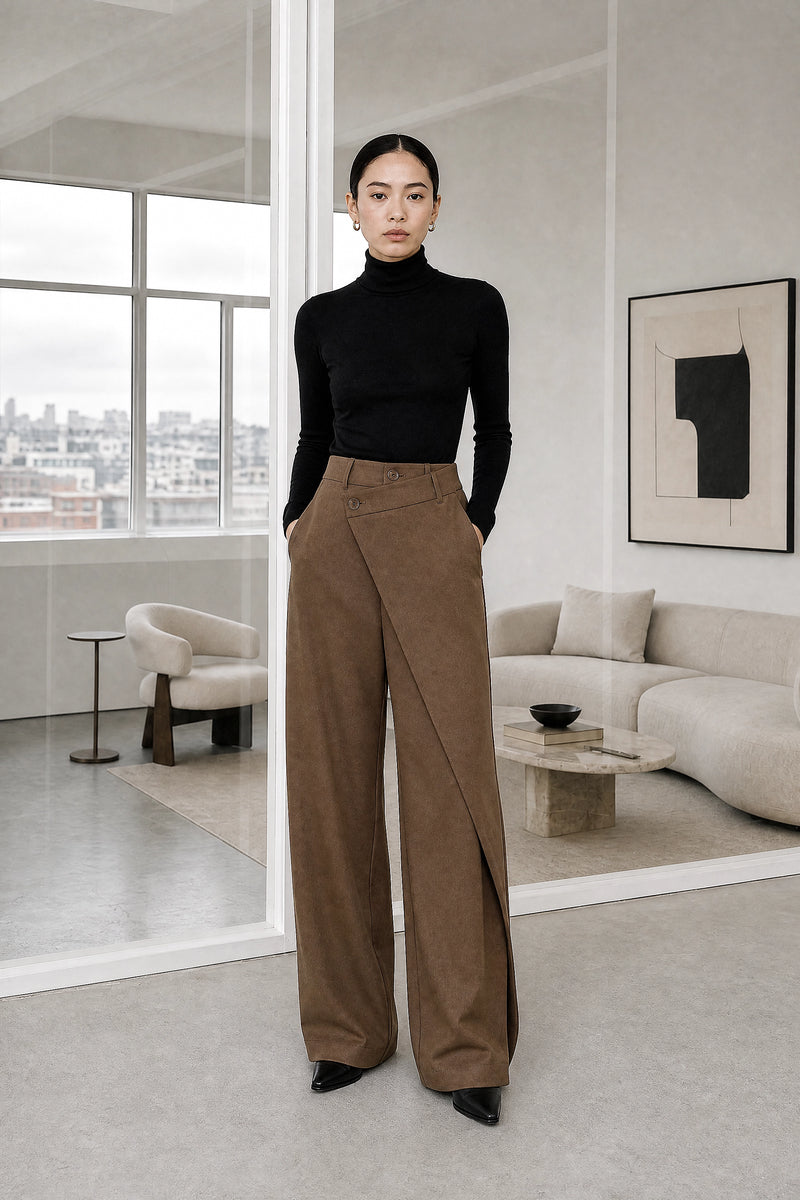 Naomi | Layered Wide-Leg Pants in Brown, studio front view