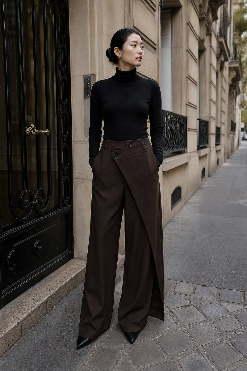 SOFAINE-V7-LIFE-Naomi | Layered Wide-Leg Pants in Dark Brown, street-style view