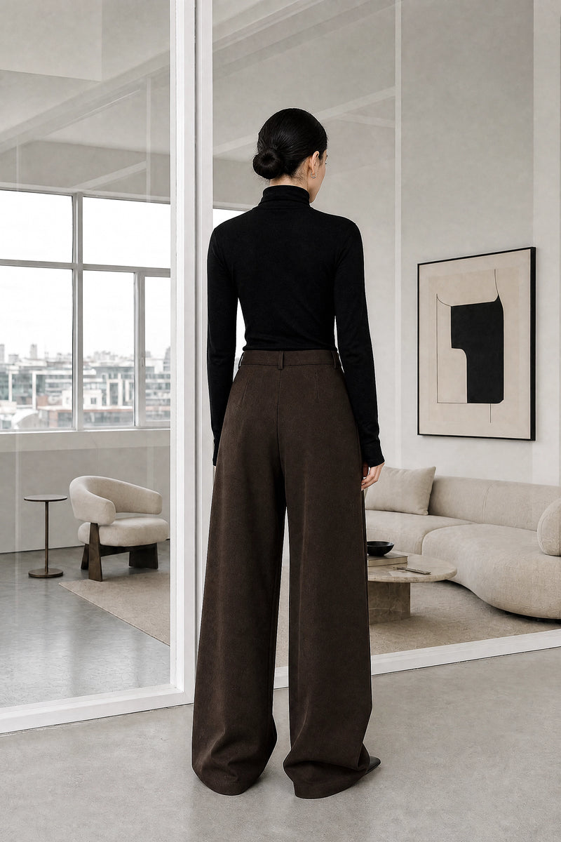 Naomi | Layered Wide-Leg Pants in Dark Brown, studio back view