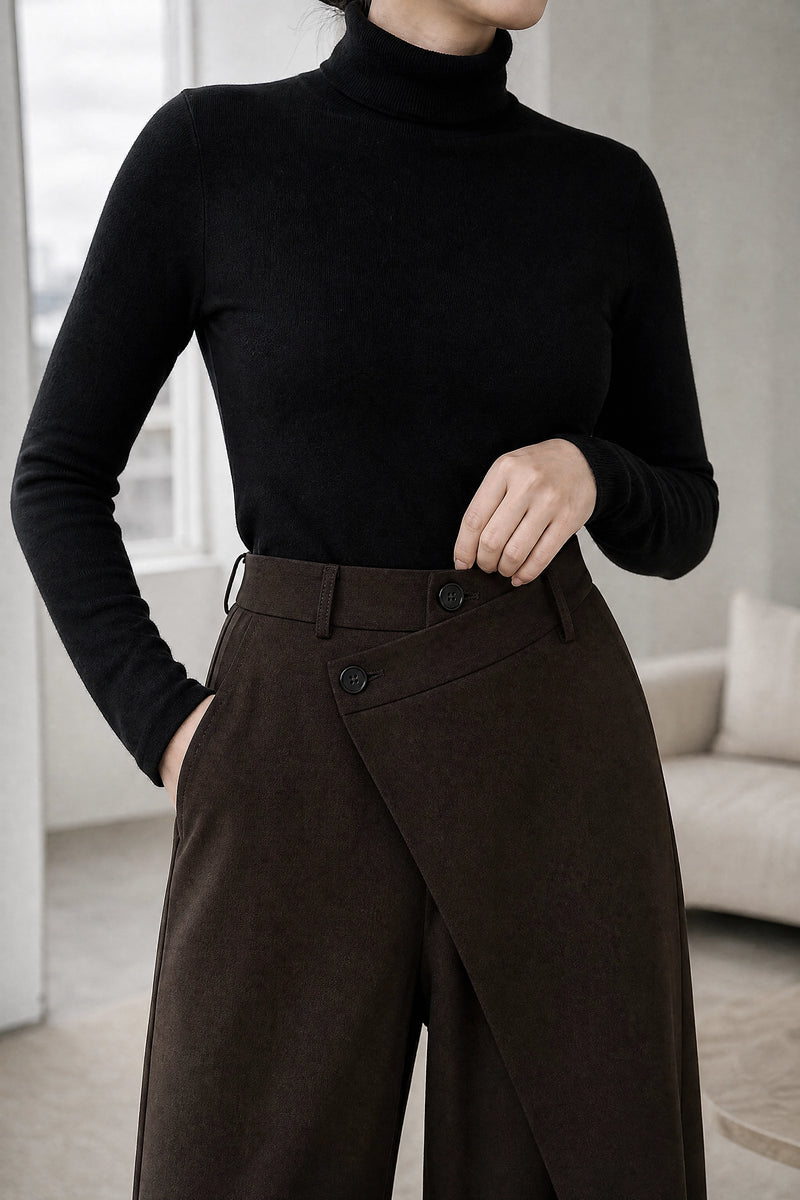 Naomi | Layered Wide-Leg Pants in Dark Brown, fabric close-up