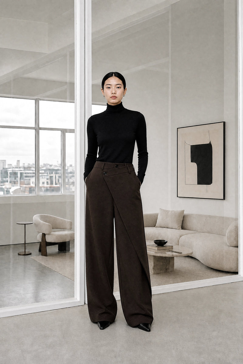 Naomi | Layered Wide-Leg Pants in Dark Brown, studio front view