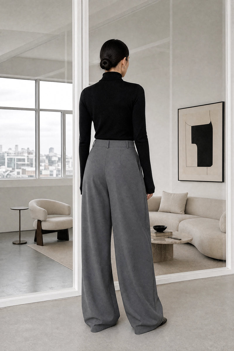 Naomi | Layered Wide-Leg Pants in Grey, studio back view