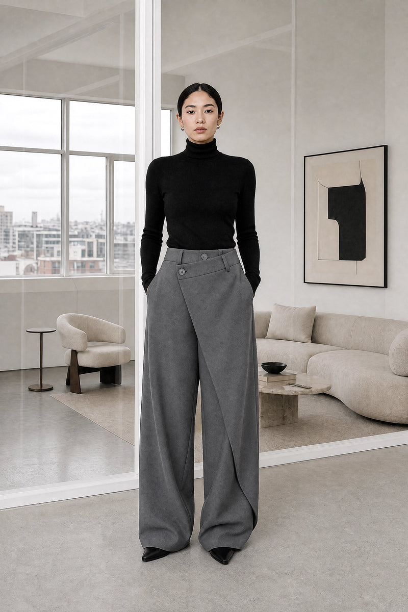 Naomi | Layered Wide-Leg Pants in Grey, studio front view