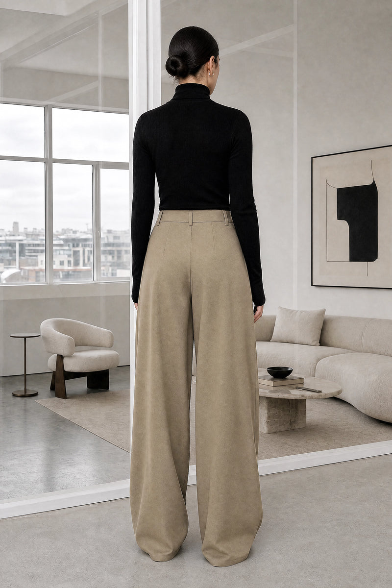 Naomi | Layered Wide-Leg Pants in Khaki, studio back view