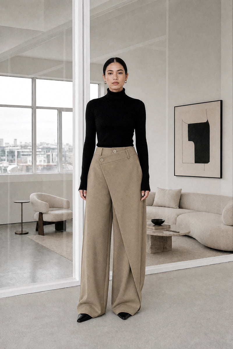 Naomi | Layered Wide-Leg Pants in Khaki, studio front view