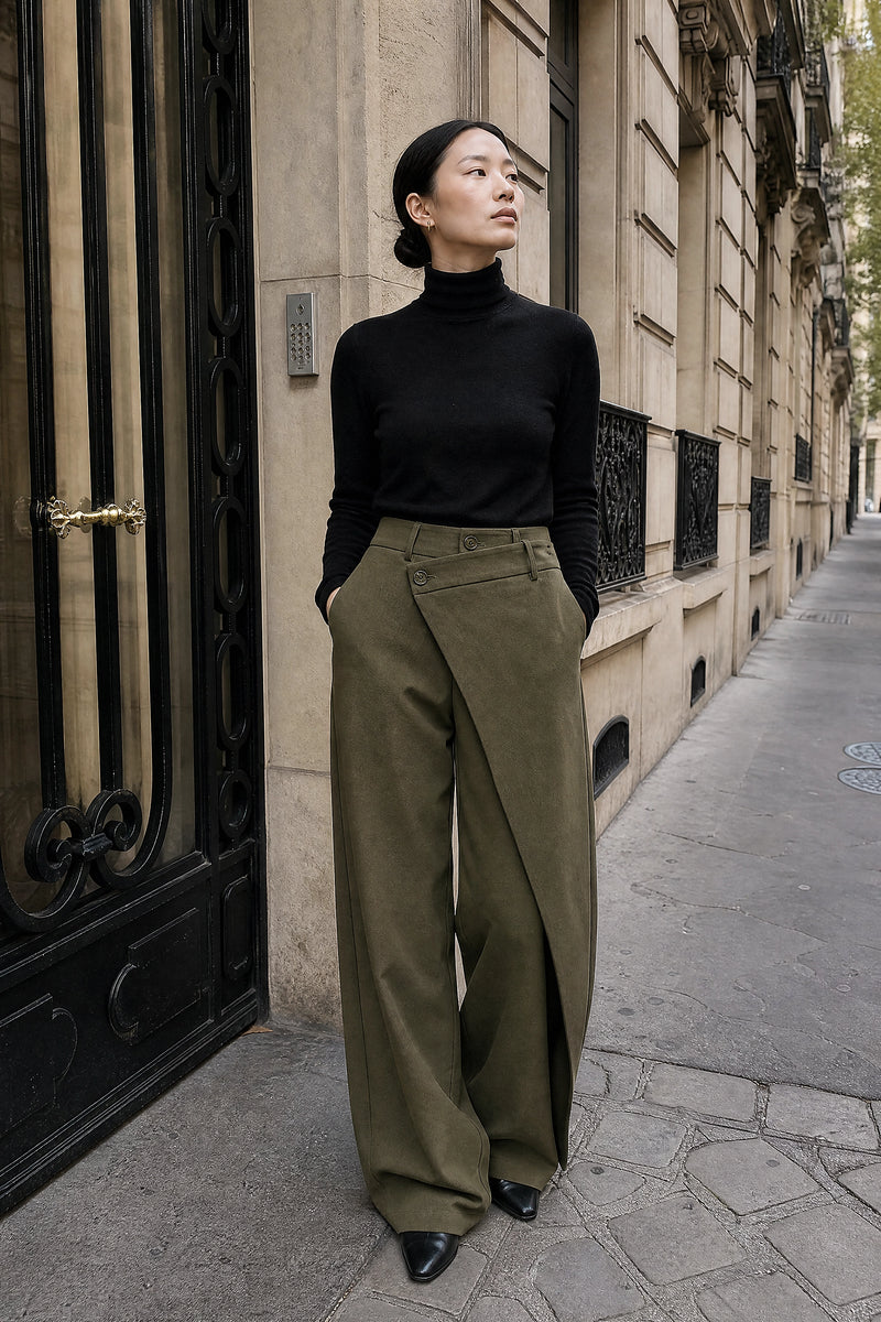SOFAINE-V7-LIFE-Naomi | Layered Wide-Leg Pants in Olive, street-style view
