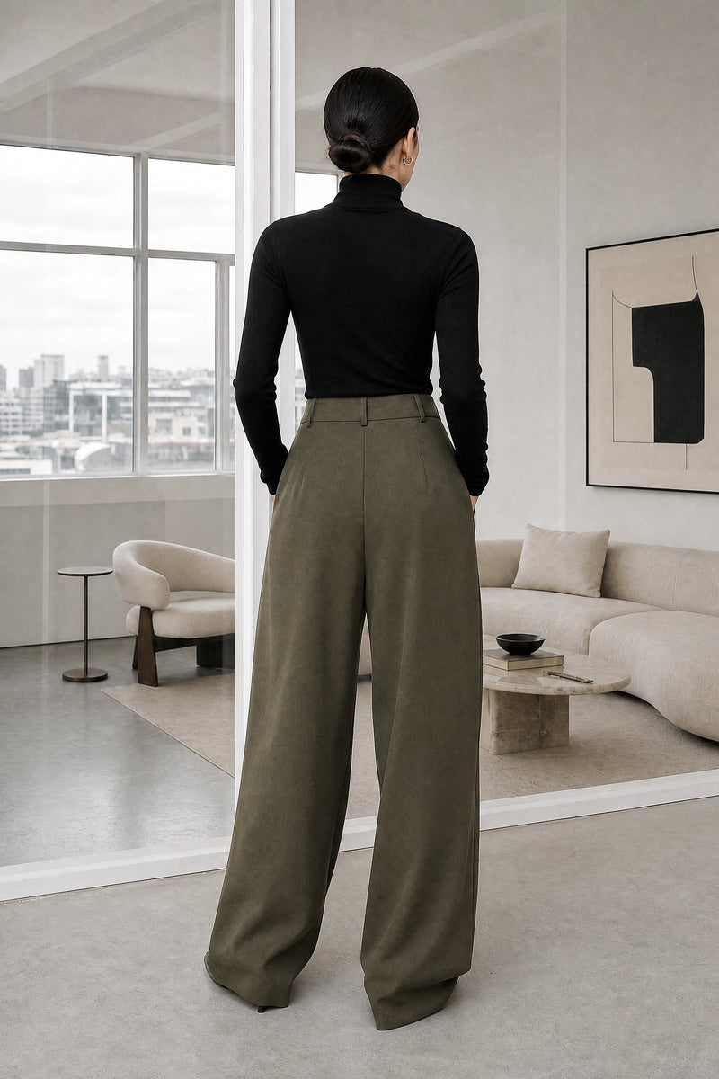 Naomi | Layered Wide-Leg Pants in Olive, studio back view