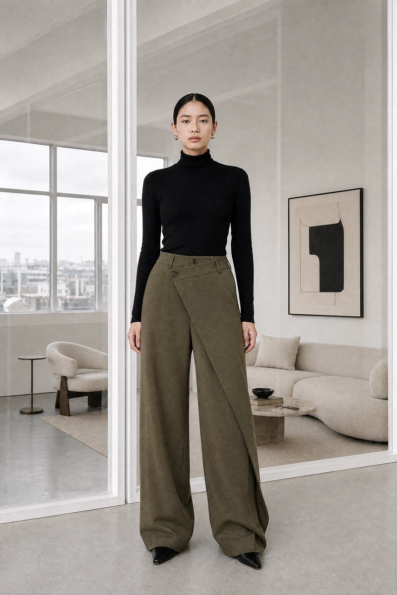 Naomi | Layered Wide-Leg Pants in Olive, studio front view