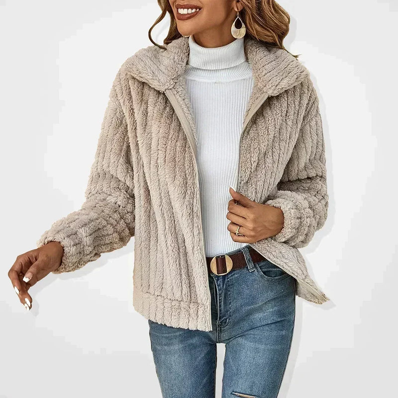 Ribbed Fleece Zip Up Jacket for Women with Collar and Dropped Shoulders in Beige, front view