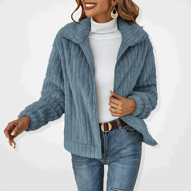 Ribbed Fleece Zip Up Jacket for Women with Collar and Dropped Shoulders in Blue, front view