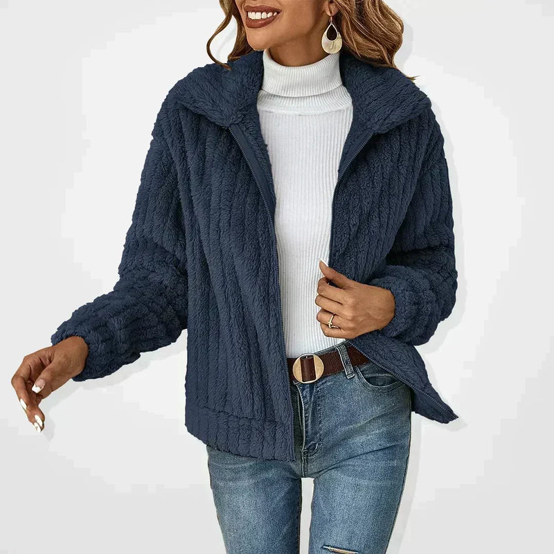 Ribbed Fleece Zip Up Jacket for Women with Collar and Dropped Shoulders in Dark Blue, front view