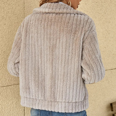 Ribbed Fleece Zip Up Jacket for Women with Collar and Dropped Shoulders, back view