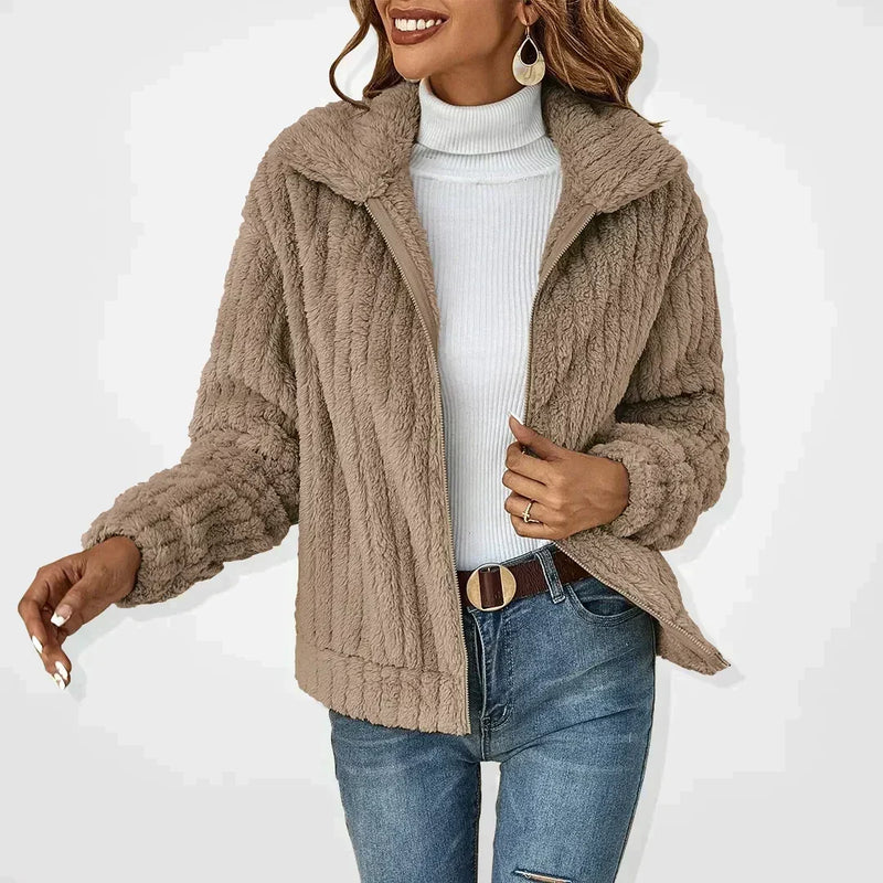 Ribbed Fleece Zip Up Jacket for Women with Collar and Dropped Shoulders in Khaki, front view