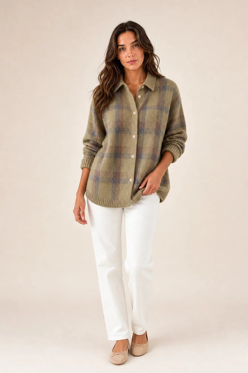 Sofaine Natalie plaid check knit shirt jacket in sage green with blue and brown check, worn front view