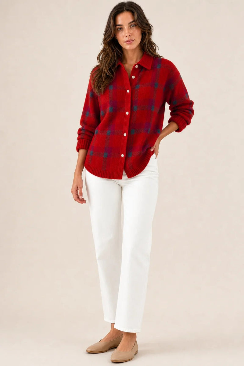 Sofaine Natalie plaid check knit shirt jacket in red with teal check, worn front view