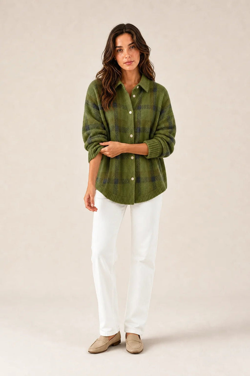Sofaine Natalie plaid check knit shirt jacket in olive green with navy check, worn front view