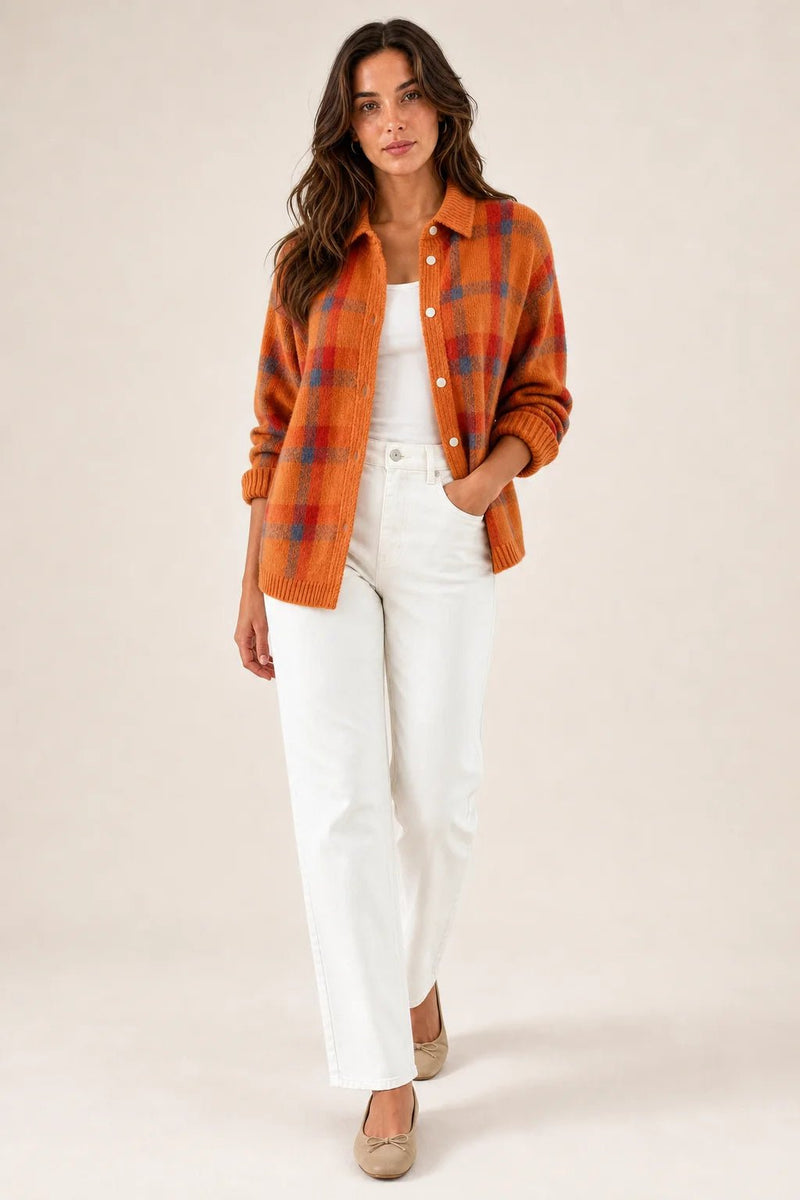 Sofaine Natalie orange plaid knit shirt jacket worn open over a white top, styled full look
