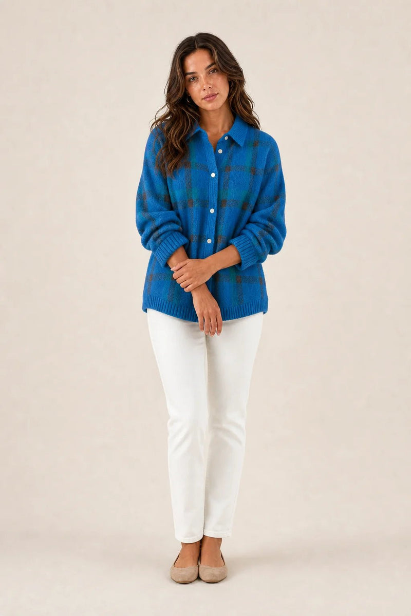 Sofaine Natalie plaid check knit shirt jacket in bright blue with green check, worn front view