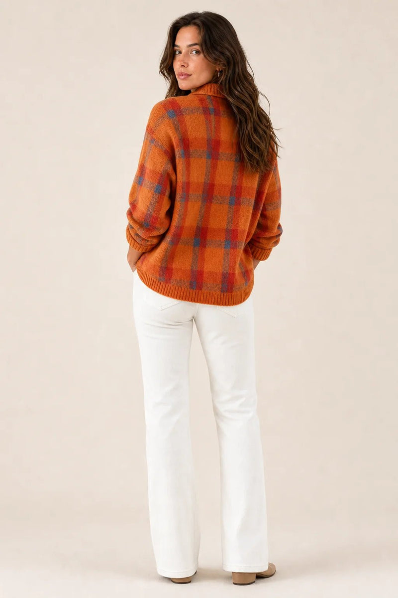 Sofaine Natalie plaid check knit shirt jacket in orange, back view