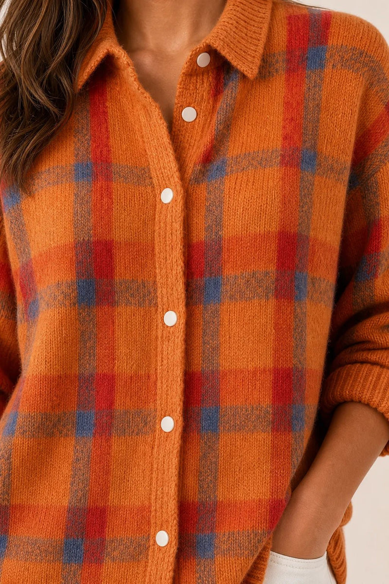 Sofaine Natalie knit shirt jacket, fabric close-up of orange plaid check and button placket