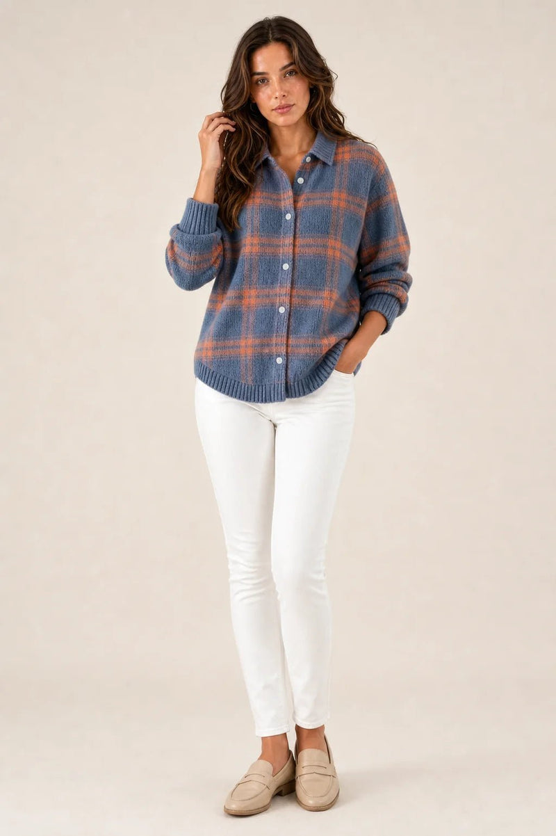 Sofaine Natalie plaid check knit shirt jacket in slate blue with orange check, worn front view