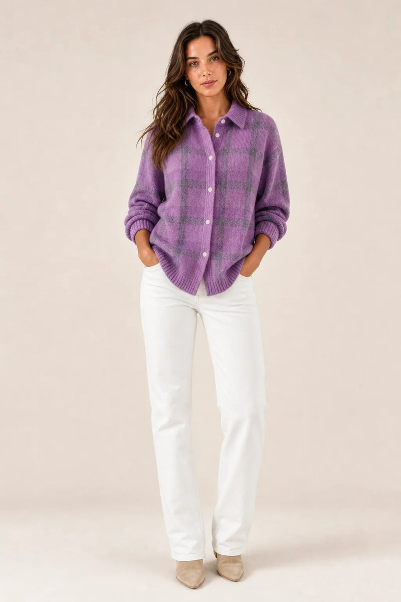 Sofaine Natalie plaid check knit shirt jacket in lilac purple with grey check, worn front view
