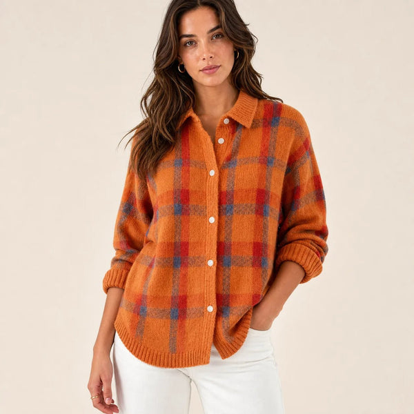Sofaine Natalie plaid check knit shirt jacket in orange with red and blue check, worn front view