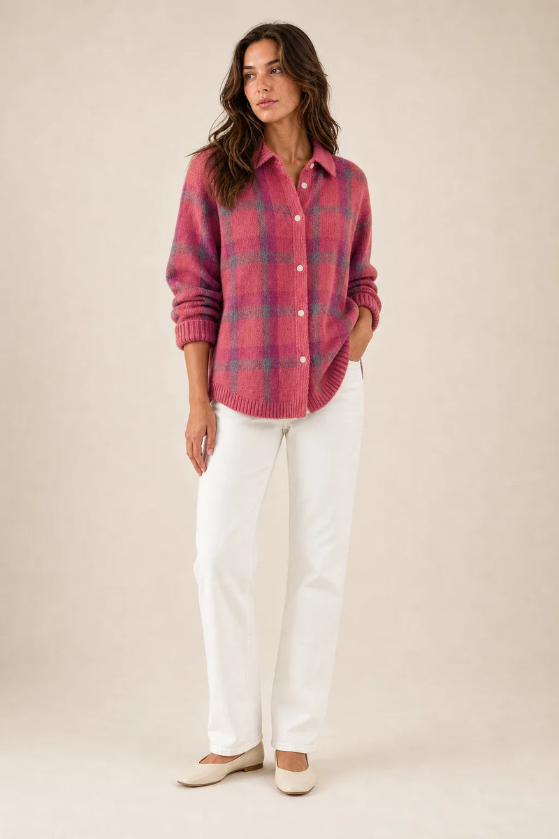Sofaine Natalie plaid check knit shirt jacket in Rose, worn front
