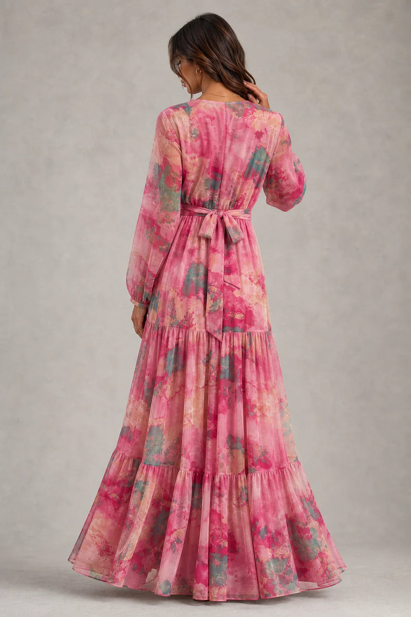Sofaine Imogen women's floral long-sleeve wrap maxi dress in Pink, back view