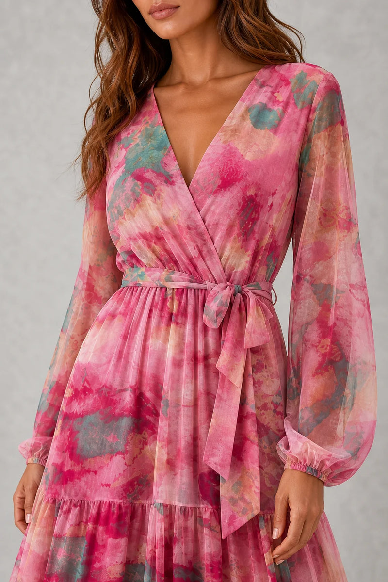 Sofaine Imogen women's floral long-sleeve wrap maxi dress in Pink, watercolor floral print and neckline detail