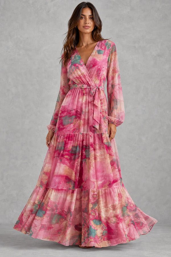 Sofaine Imogen women's floral long-sleeve wrap maxi dress in Pink, hero