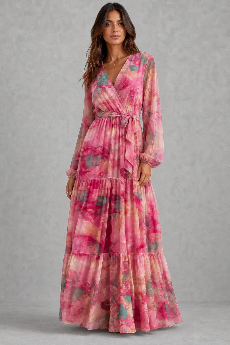 Sofaine Imogen women's floral long-sleeve wrap maxi dress in Pink, styled full look