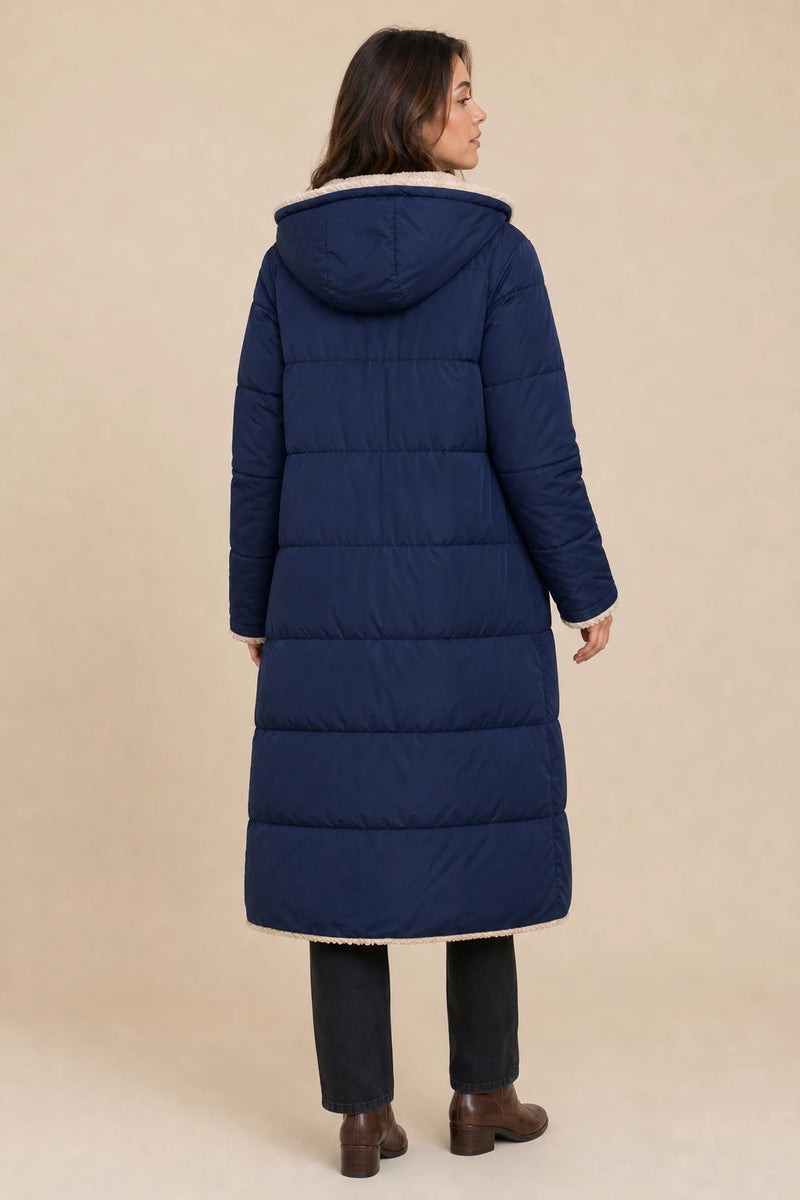 Celine | Hooded Puffer Coat in Navy Blue, studio back view