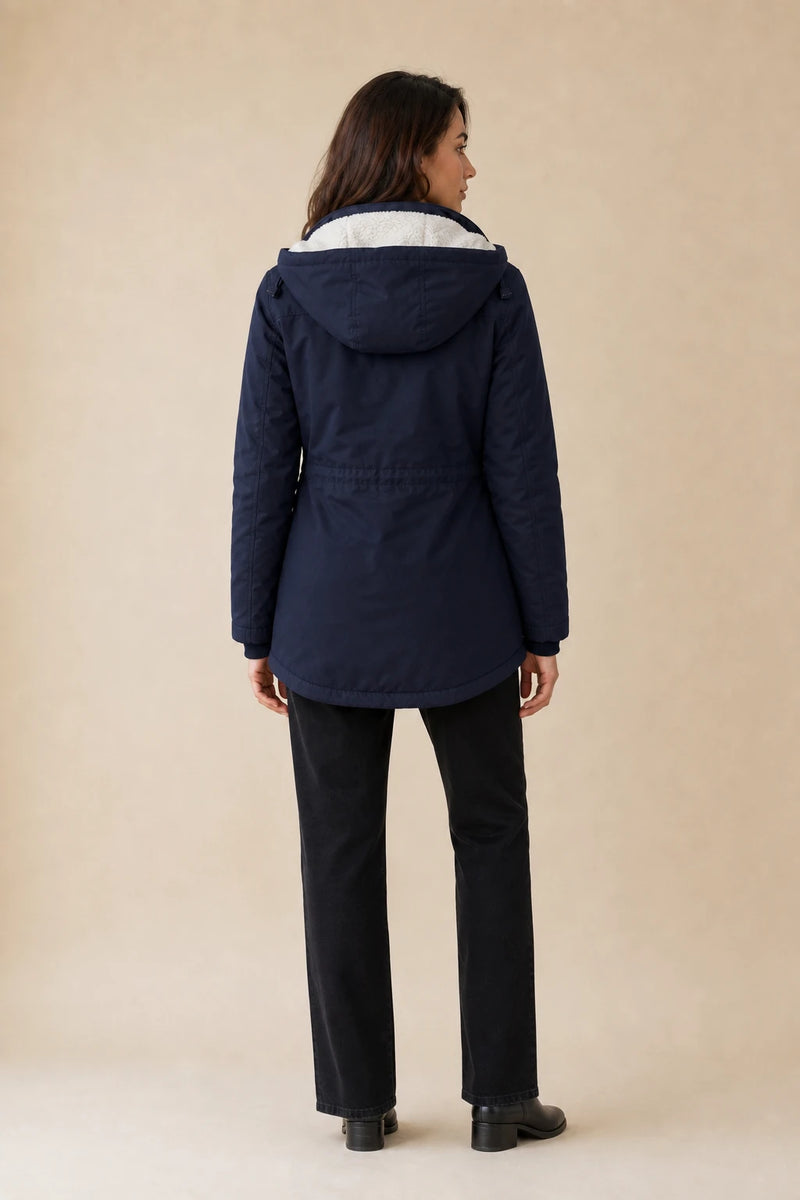 Frankie | Hooded Fleece-Lined Coat in Navy Blue, studio back view