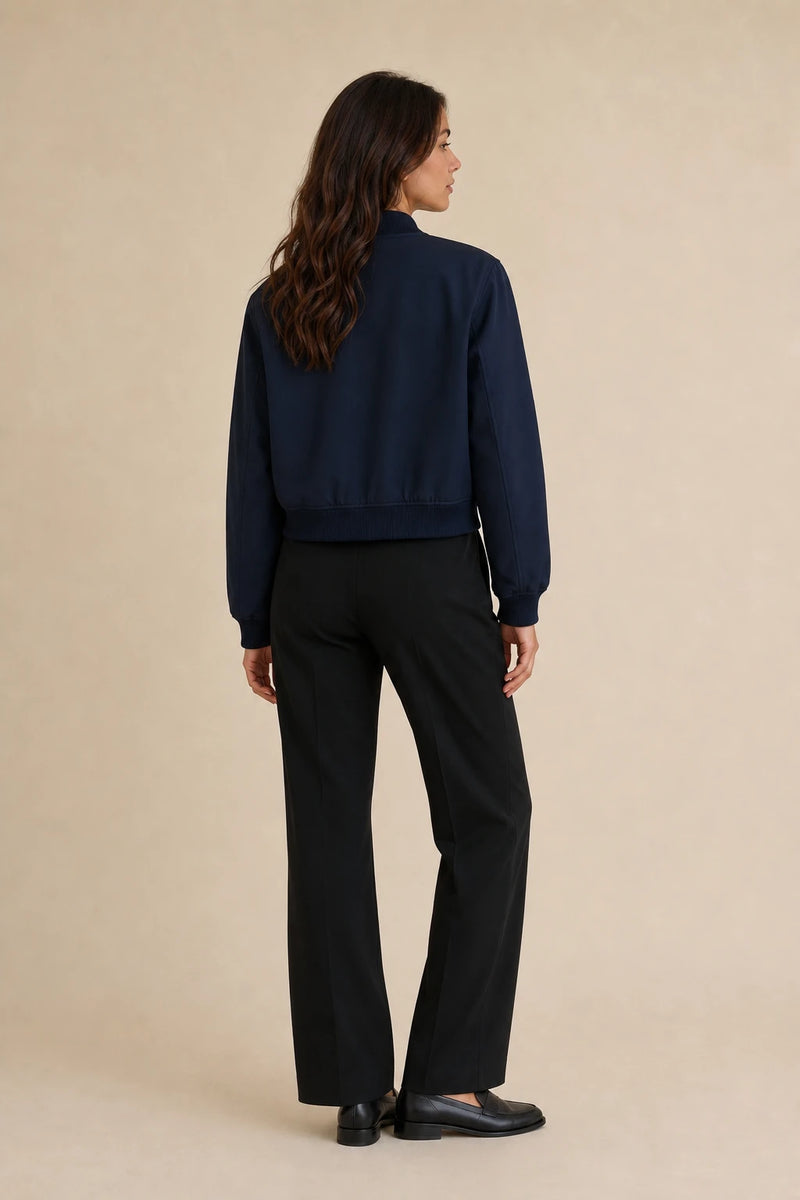 Fleur | Collared Button Jacket in Navy Blue, studio back view
