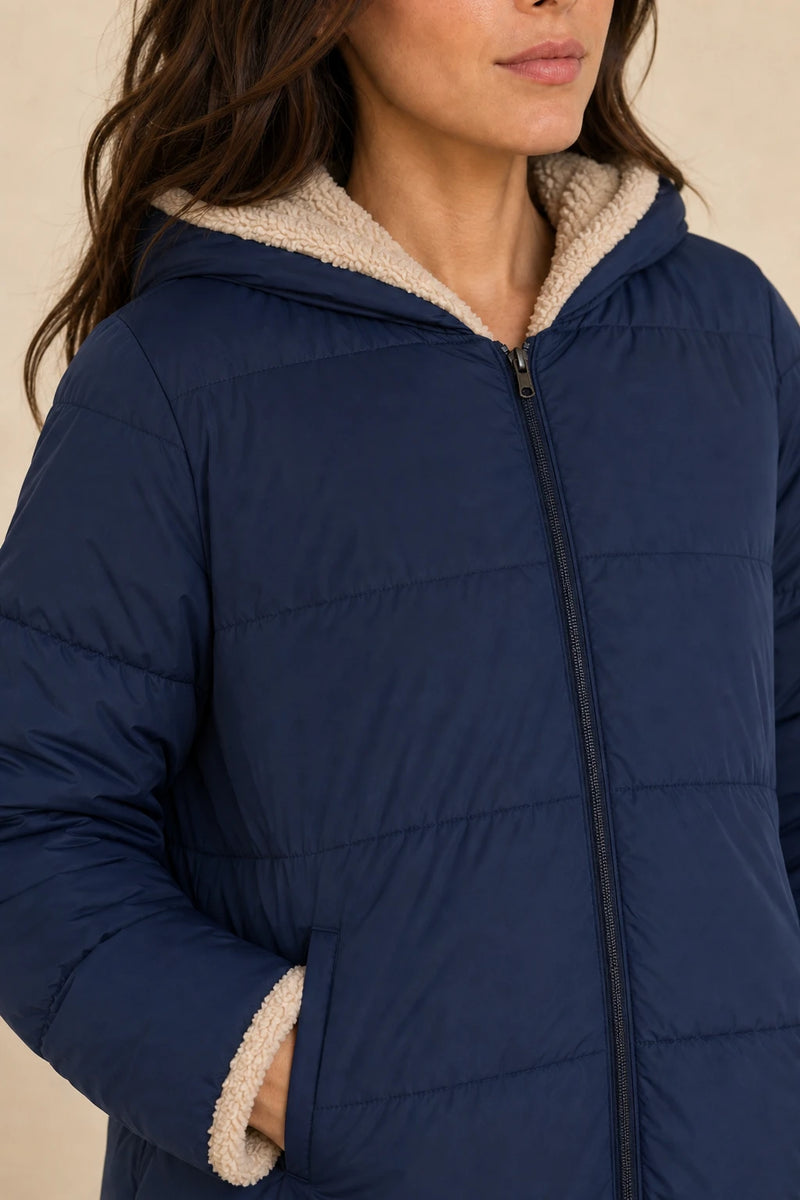 Celine | Hooded Puffer Coat in Navy Blue, fabric close-up