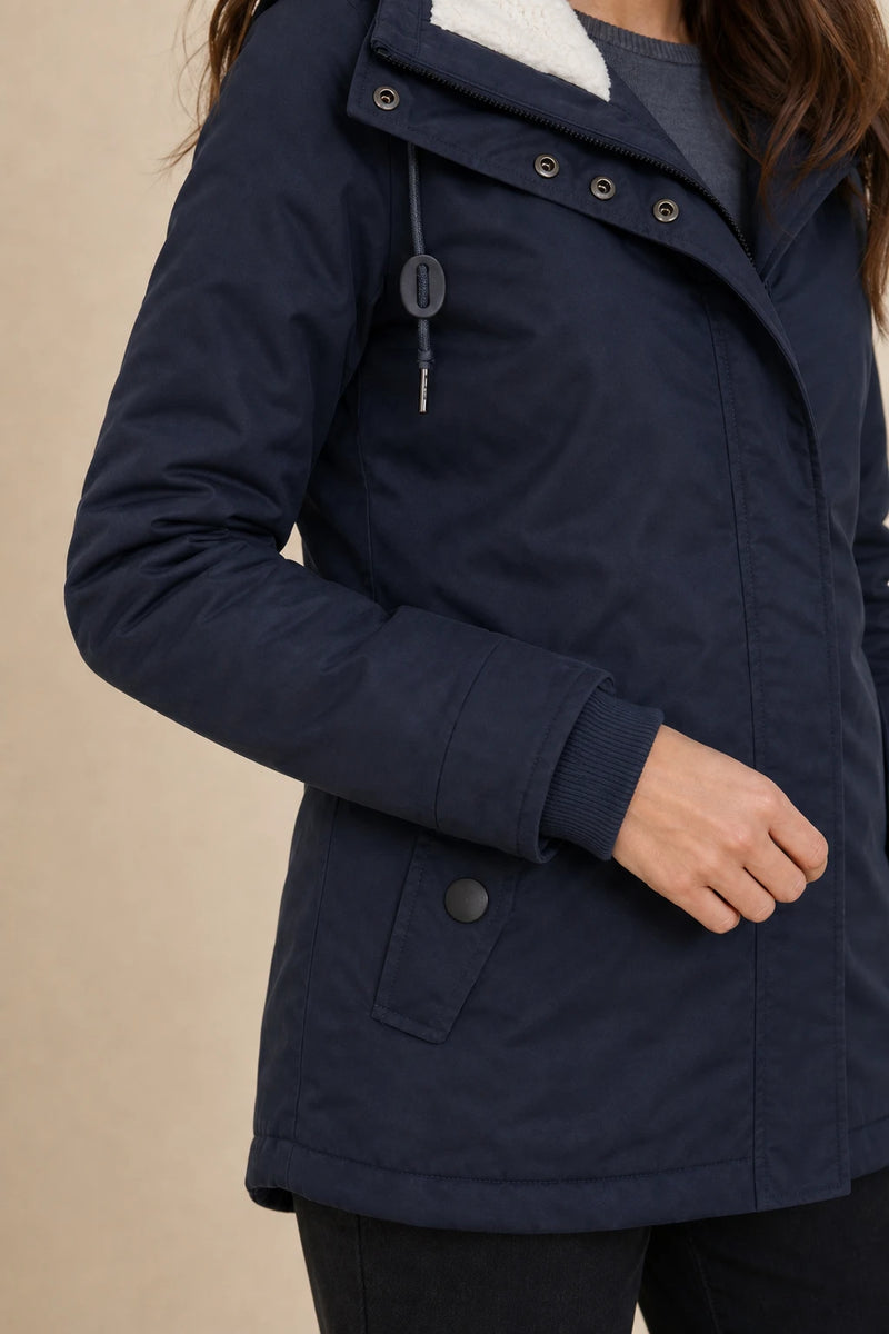 Frankie | Hooded Fleece-Lined Coat in Navy Blue, fabric close-up