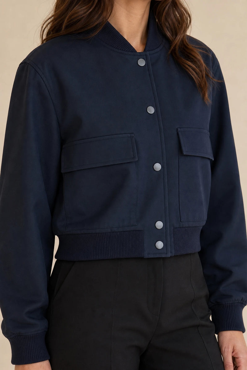 Fleur | Collared Button Jacket in Navy Blue, fabric close-up